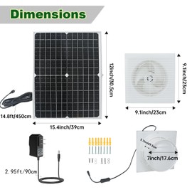 Solar Powered Fan, 9.1" Solar Exhaust Fan Kit, 25W Waterproof Chicken Coop Fans with 14.8Ft On/Off Switch Cable & Power Adapter, Cooling Ventilation for Greenhouse, Shed, Outside, Garages, Dog House