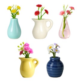 Renmxj Mini Ceramic Vase Magnets for Fridge, Cute Tiny Plant Vase Fridge Magnets for Kitchen Refrigerator Office Locker Decoration with Fake Flowers (5 Pack)