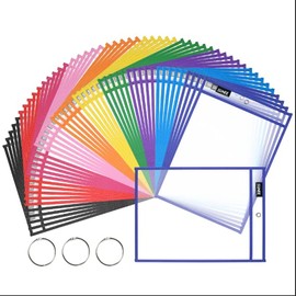 SUNEE 50 Packs Oversized Reusable Dry Erase Pocket Sleeves with 3 Rings, 10 Assorted Colors 10x14 Ticket Holders, Clear Plastic Sheet Protectors, Teacher School Classroom Supplies