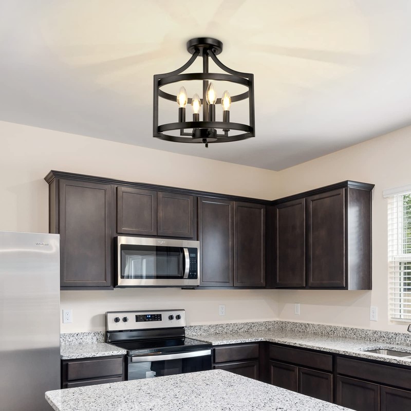 LynPon Black Farmhouse Chandelier 4 Lights, Modern Hanging Pendant Light