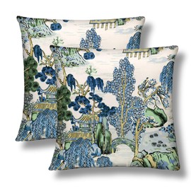 NOCTILYRA Chinoiserie Throw Pillow Covers 18x18 Set of 2 Asian Scenic Short Plush Pillows Case Blue and Green Square Cushion Cover Decorative Pillowcases for Couch Bed