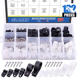 Glarks 132Pcs 6 Sizes 1/4''-1'' Black and White Nylon Screw Mounting R-Type Cable Clip Wire Clamp with 132Pcs Screws for Wire, Cable, Conduit and Cable Conduit Kit