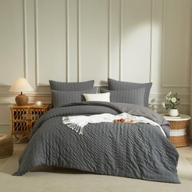 Luofanfei Seersucker Bed Linen 135 x 200 cm Grey Dark Grey Summer Plain Striped Summer Bed Linen Microfibre Breathable Lightweight Geometric Pattern Duvet Cover Single Bed and Pillowcase 80 x 80 cm