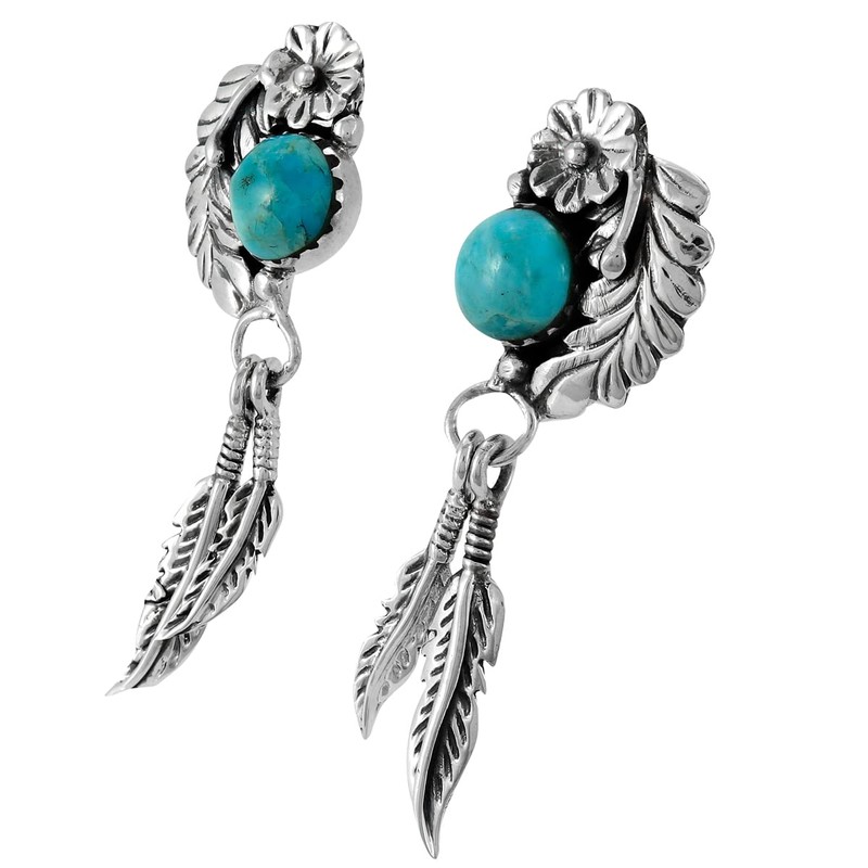Feathers Turquoise Earrings 925 Sterling Silver & Genuine Turquoise (E1413)