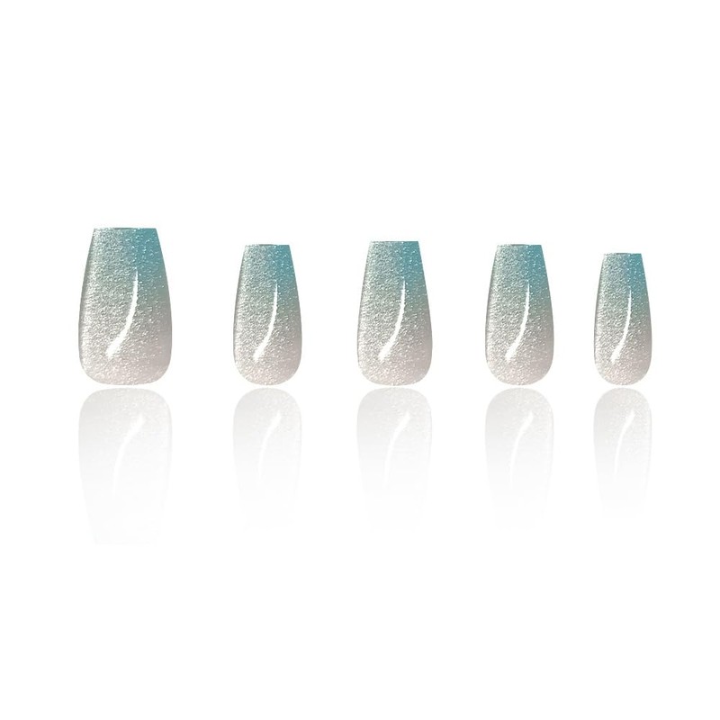 Dikixe Sky Blue Shimmer Cat Eye Medium Coffin Press On
