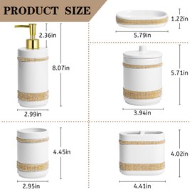 RQYIXI Bathroom Accessories Set with Diamonds 5 Pieces Toothbrush Holder Soap Dispenser Ceramic Bathroom Accessory Set Contain Cotton Swab Jar Toothbrush Cup Soap Dish Tumbler
