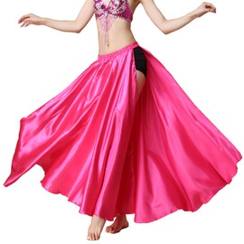 MUNAFIE Belly Dance Skirt Two Side Slit Satin Skirt Rose Red