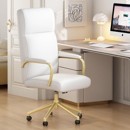 Genpo White and Gold Office Chair, High Back Office Chair for Women, Modern Desk Chair Comfy with Arms, Leather Executive Office Chair with Wheels