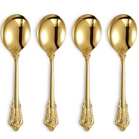 KEAWELL - Juego de 4 cucharas redondas para sopa, acero inoxidable 18/10, de lujo, apta para lavaplatos, espejo fino pulido (dorado)