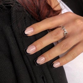 KQueenest 30 Pcs Black French Tip Press on Nails Medium Short Square Nails Press ons, Natural Nude Gel Fake Nails Acrylic, Glue on Nails with Design, Classy French Tip Nails for Women DIY Manicure