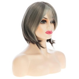 Qnbiar Short Gray Bob Wig with Bangs for White Women 12 Inch Layered Mix Grey Straight Synthetic Natural Looking Daily Party Wig