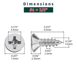 #6 x 3/8" Flat Head Wood Screws 100 Pcs 18-8 (304) Stainless Steel Flat Head Phillips Drive Self Tapping Screws, Bright Finish, No Coating, Fayeploo