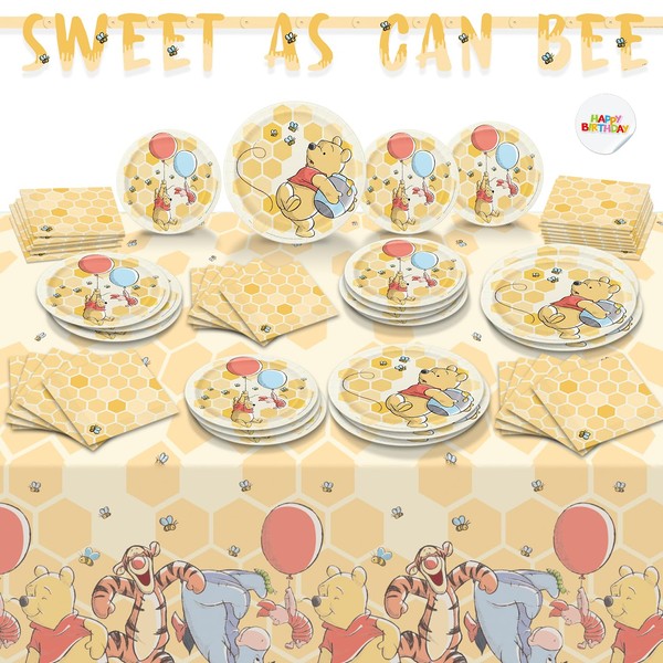 Winnie The Pooh Baby Shower Decorations, Winnie The Pooh Birthday party Supplies, Includes, Banner,Table Cover, 9' Plates, 7' Plates, Napkins, Serves 16 Guests