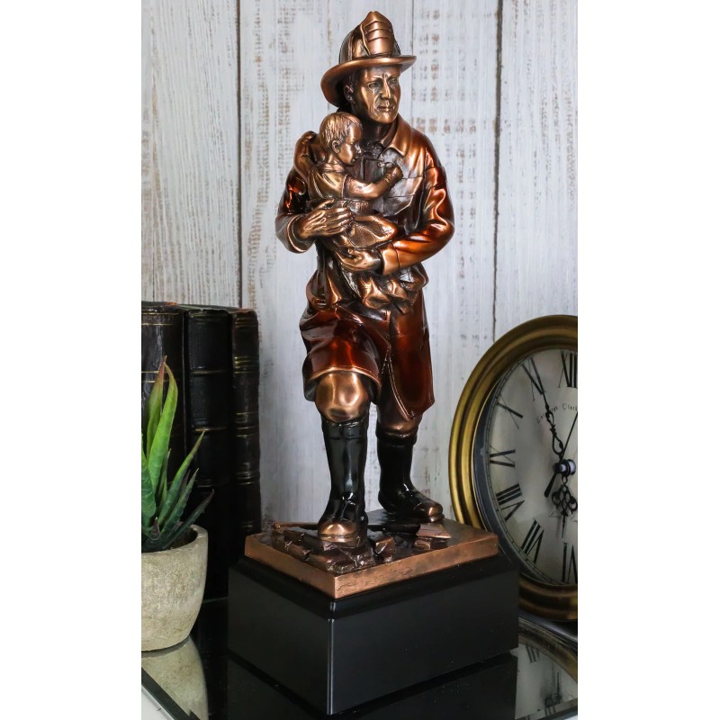 Heroic Fireman With Turnout Jacket Saving Child Statue Emergency Fire