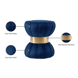 Meridian Furniture Vino Collection Modern | Contemporary Velvet Upholstered Hourglass Shaped Ottoman/Stool with Gold Finished Stainless Steel Band, 15.5" W x 15.5" D x 17" H, Navy