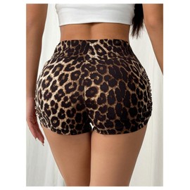 RoseSeek Women's High Waisted Leopard Mini Shorts Y2K Ruched Biker Shorts Casual Leggings Brown Small