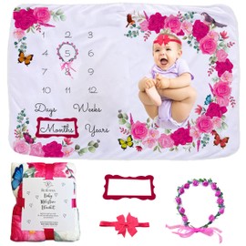 RoEsha Baby Monthly Milestone Blanket for Girls 60 x 40 Inch Thick Fleece Baby Month Blanket with Floral Wreath & Headband, Nursery Decor Newborn Photography Prop Photo Blanket (Pink Floral)