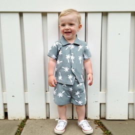 Fufuriprefer Toddler Baby Boy Clothes Summer Outfits Lapel Collar Baseballs Print Short Sleeves Tops Shorts 2Pcs Set (Gray, 12-18 Months)