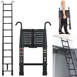 Aluminum Telescoping Ladder 10.5 FT, Collapsible Extension Ladder with 2 Detachable Roof Hooks, Portable Telescopic RV Ladder, Compact Multi-Purpose Ladder for Home Or Outdoor Work, Max 330Lb Capacity