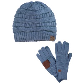 C.C Unisex Soft Stretch Cable Knit Beanie and Anti-Slip Touchscreen Gloves 2 Pc Set, Dark Denim