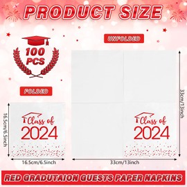 100Pcs Class of 2024 Graduation Napkins, Disposable Congrats Grad Paper Cocktail Napkins Square Foil Dot Hand Towels for 2024 School University College Graduation Party Decorations（Red）