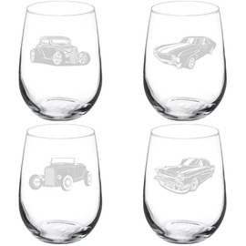 MIP Set of 4 Wine Glass Gift Goblet Classic Cars Hotrod Collection (17 oz Stemless)