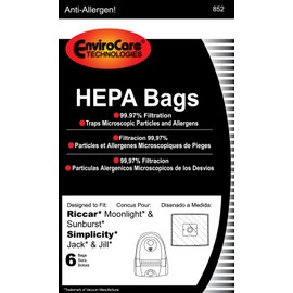EnviroCare Replacement HEPA Filtration Vacuum Cleaner Dust Bags made to fit Riccar Moonlight and Sunburst. Simplicity Jack and Jill Canisters 6 pack