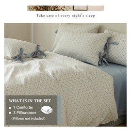 VM VOUGEMARKET Blue Flower Comforter Set Twin White Blue Grid Comforter with 2 Bow Ties Pillowcases Cute Botanical Cottagecore Bedding Sets for Teen Girls-Twin XL