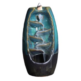 xunfu Backflow Incense Burner, Incense Waterfall Ceramic Incense Burner with 60 Incense Cones Backflow and 1 Mat, for Aromatherapy Ornament, Home Decor, Blue, Large