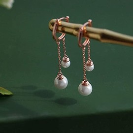 Dangle Pearl Small Hoop Earrings Sterling Silver S925 for Women Girls Dainty Dangling Charm Tassel Threader Chain Round Huggie Hoops Cuffs Cartilage Earring Hypoallergenic Jewelry Gifts (rose gold)