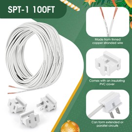 Chapou SPT-1 100 ft 18/2 Wire Electrical Wire with 6 Plugs 18 AWG Wire 18 Gauge Wire for LED Lighting Strip Lamp, Lamp Extension Cable, Residential Outdoor Commercial Industrial, White