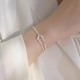 SHIMAO S925 Sterling Silver Double-Layered Knot and Patchwork Bracelet for Women: A Blend of Ins Style, Minimalist Design, and Friendship Symbolism in a Sleek Corded Half-Bangle Hand Accessory,