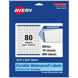 Avery Durable Waterproof Heart Labels, Sure Feed Technology, 0.75" x 0.75", 800 Total, Oil and Tear-Resistant Waterproof Labels, Print-to-The-Edge, Laser/Pigment-Based Inkjet Printable