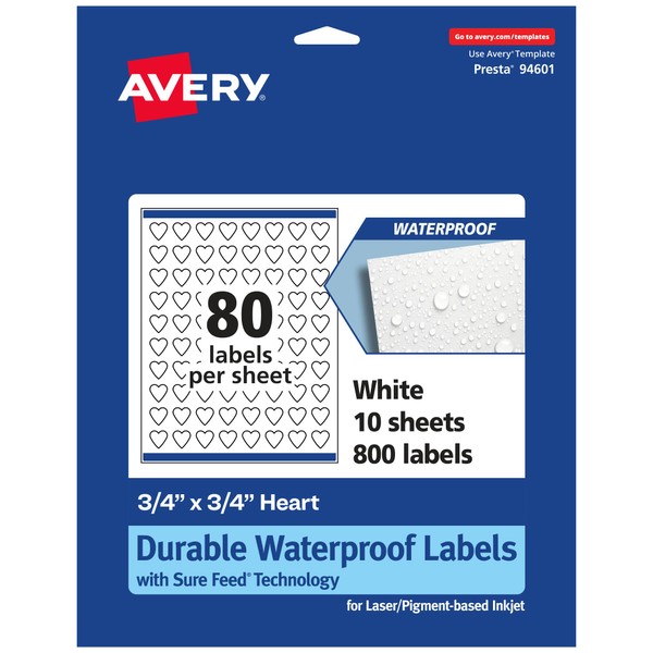 Avery Durable Waterproof Heart Labels, Sure Feed Technology, 0.75" x