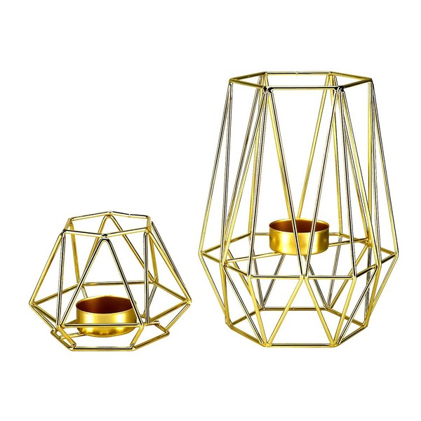 8MILELAKE Gold Geometric Metal Tealight Candle Holder Iron Frame Candelabra Set of 2 for Living Room Bathroom Decor Coffee Table Decor (Gold)