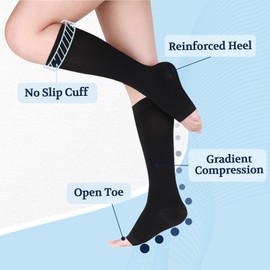 LIN PERFORMANCE Compression Socks for Women and Men 15-20 mmHg 2 Pairs Knee High Open Toe Stockings for Varicose Vein Swollen legs (3XL,Black)