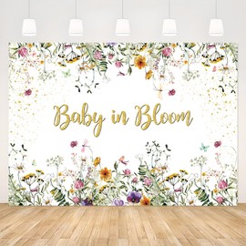 APROPHIC Baby in Bloom Banner Background Green Leaves with Flowers Baby Shower Decoration Photo Background Green Flowers Baby Shower Decoration Floral Theme Birthday Banner 210 x 150 cm