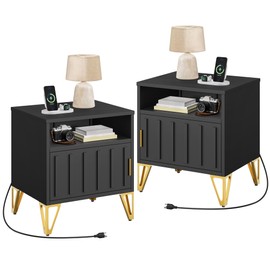 YITAHOME Nightstand Set of 2, Metal Fluted End Table with Charging Station, Night Stand for Bedroom, Small Bedside Tables, Modern Side Tables, Set of 2, Black