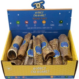 Honey I'm Home, Buffalo Trachea Tubes Dog Chews, 7 Inches, 20 Count Bulk Box - All Natural, Free Range, Healthy, Grain Free, Honey Coated & Crunchy