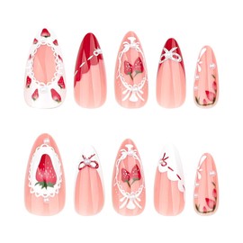Summer Cute French Tip Press on Nails Medium Almond False Nails with Strawberry Design Reusable Fake Nails Daily Wear Acrylic Salon Manicure Decoration for Women Stick on Nail 24Pcs