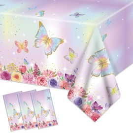 3 PCS Butterfly Party Tablecloth Fairy Birthday Decorations Table Cover Butterfly Plastic Rectangle Birthday Tablecloth for Flower Fairy Baby Shower Party Supplies, 54 x 108 Inch