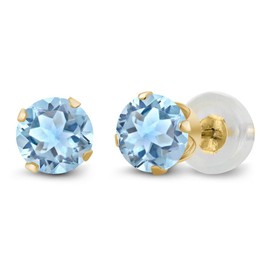 Gem Stone King 10K Yellow Gold Sky Blue Topaz Stud Earrings For Women Men (1.20 Cttw, Gemstone Birthstone, Round 5MM)