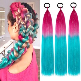 PORSMEER 3 Pack 24 Inch Hair Tinsel Colored Braided Ponytail Extension Gradient Hair Extensions with Elastic Tie Straight Sleek Wrap Around Hair for Braids (Dark red/Cyan)