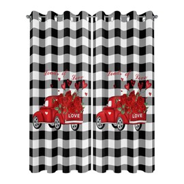 Valentine's Day Patio Outdoor Curtains Waterproof Outside Curtains Happy Red Truck Black White Buffalo Plaid Grommet Top Outdoor Vertical Drapes for Porch, Pergola, Cabana, 2 Panel, 52 x 95 inch