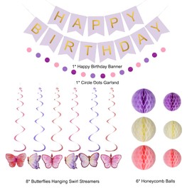 Purple Birthday Decoration - Purple Happy Birthday Banner with Honeycomb Ball, Butterflies Hanging Swirl Streamer, Circle Dot Garland Decoration - Birthday Party Decoration for Women Girl