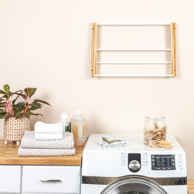Household Essentials Bamboo and Metal Wall Mount Extendable Drying Rack,
