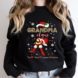 Custom Grandma Claus Christmas Sweatshirt, Grandma Sweatshirts for Women, Grandma Shirt, Custom Leopard Grandma Claus Little Gifts Sweatshirt, Grandma Sweater, Gigi Shirt, Grandma