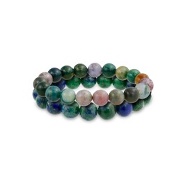 Bling Jewelry Set of Two Stackable Semi Precious Gemstone Strand Green Blue Azurite Brown Organic Color Earth Tone Jasper Round Ball Bead 12MM Stretch Bracelet For Women Men Unisex