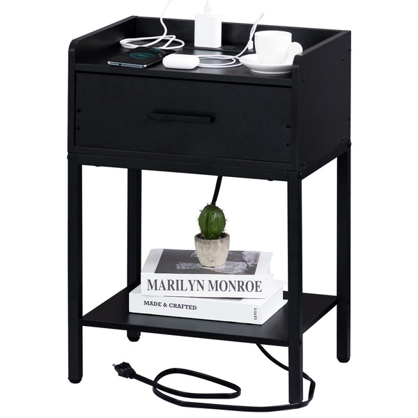 YAHARBO Nightstand with Charging Station and USB Ports, 3-Tier End