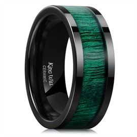 King Will NATURE Ceramic Wedding Ring for Men Women-8mm Width Black with Green Maple Wood Inlay Wedding Band High Polished Finish Comfort Fit Engagement Ring 10